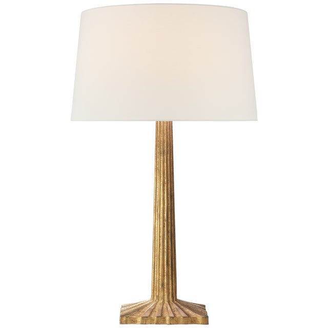 Transitional Chapman & Myers by Visual Comfort Signature Strie Fluted Column Table Lamp in Gilded Iron with Linen Shade For Sale - Image 3 of 3