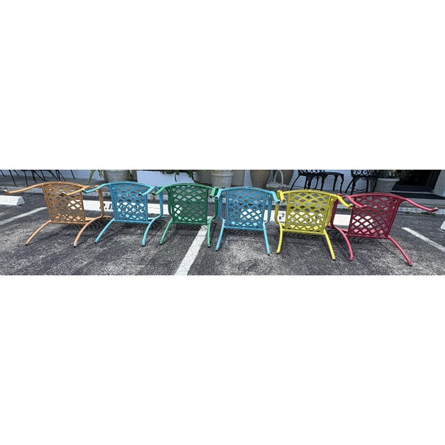 Vintage Cast Aluminum Brightly Painted Outdoor Armchairs- Set of 6 For Sale In West Palm - Image 6 of 18