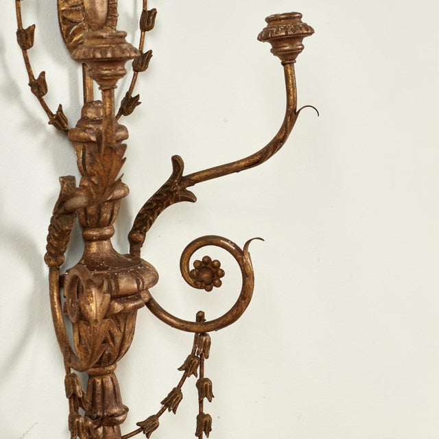 Brown 1920s Large Antique Italian Gilt Wood and Metal Neoclassical Wall Sconces - a Pair For Sale - Image 8 of 17