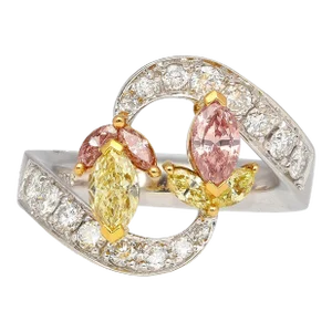 1.75 Carat Pink & Yellow Marquise Diamond Platinum & 18k Gold Bypass Ring Size 6