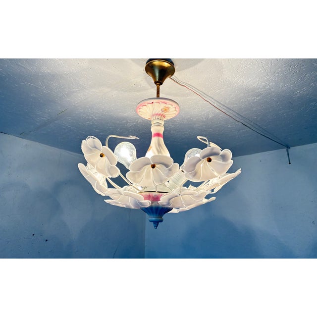 Vintage White Murano Style Floral Chandelier | Italian Art Deco Ceiling Light | 1980s Glass Flower Lighting For Sale - Image 17 of 17