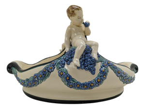 Art Nouveau Majolica Handled Bowl with Putti from Karlsruhe Majolica Manufactory, 1910