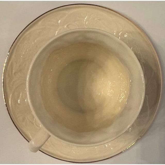 English Antique Belleek Ireland Cup & Saucer, 1926–1946 Black Mark, Relief Pattern, Gold Rim For Sale - Image 3 of 8