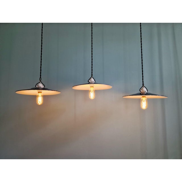 Vintage Industrial Pendant Lights in Black Enameled Sheet Metal, 1940s, Set of 3 For Sale - Image 4 of 17