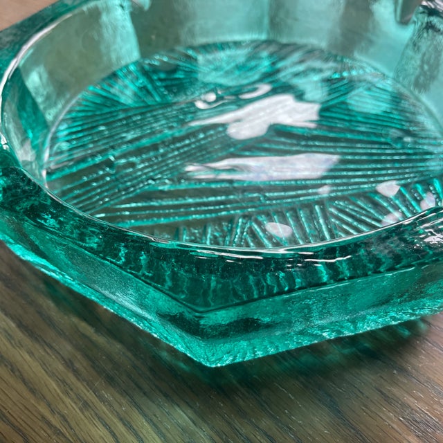 Blenko Green Glass Ashtray – Large Mid Century Modern Ice Block Textured Geometric Cigar Ashtray (1960s) Striking Blenko...