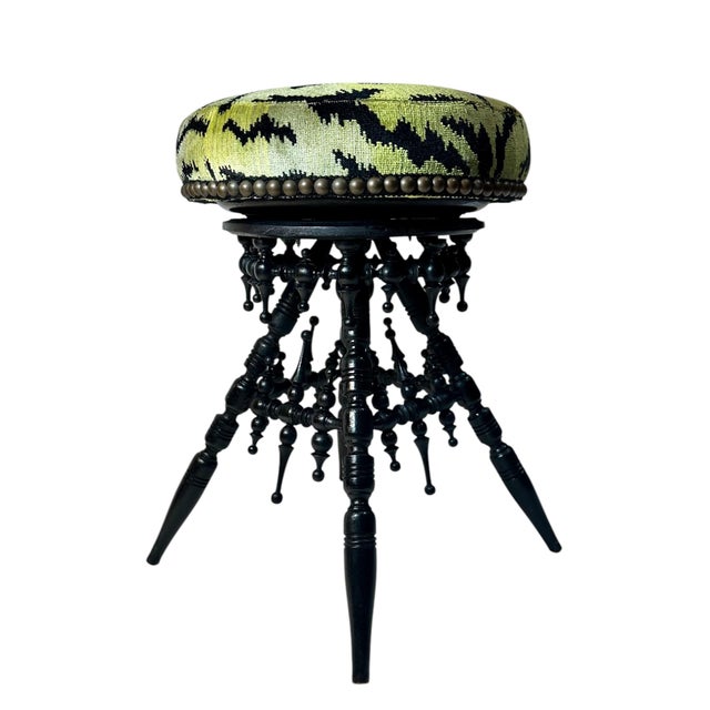 The House of Scalamandre Mid 19th Century Victorian Black Wood Stool Upholstered in Scalamandré Tiger Velvet For Sale - Image 4 of 8