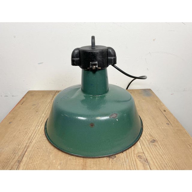 Industrial Green Enamel Factory Lamp with Cast Iron Top from Polam, 1960s For Sale - Image 11 of 16