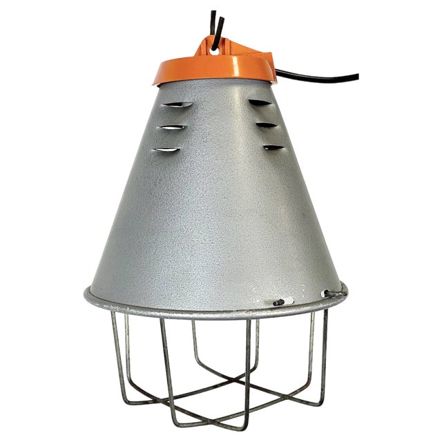 Industrial Grey Pendant Lamp in Aluminium Cage, 1970s For Sale