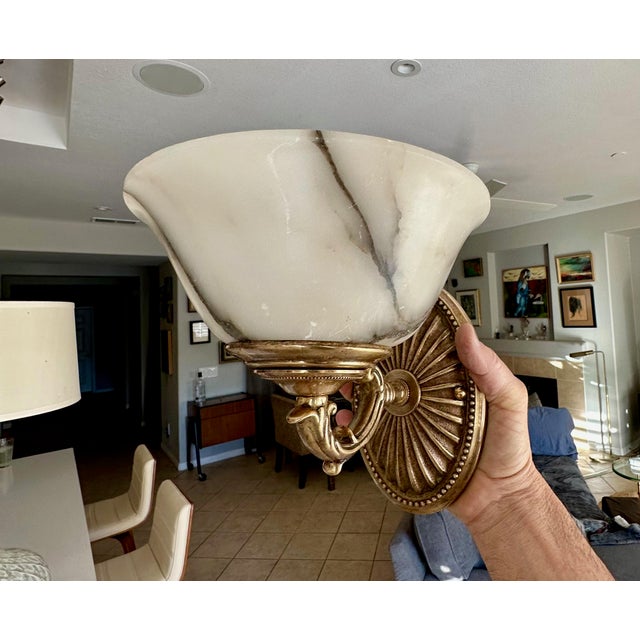 Pair Brass Alabaster Sunburst Wall Sconces For Sale - Image 15 of 18