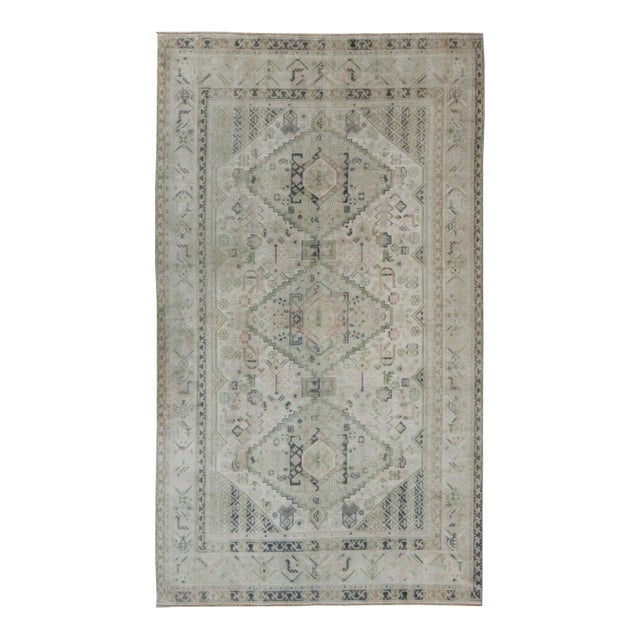 Vintage Turkish Oushak Rug With Geometric Motifs in Ivory and Navy Blue For Sale