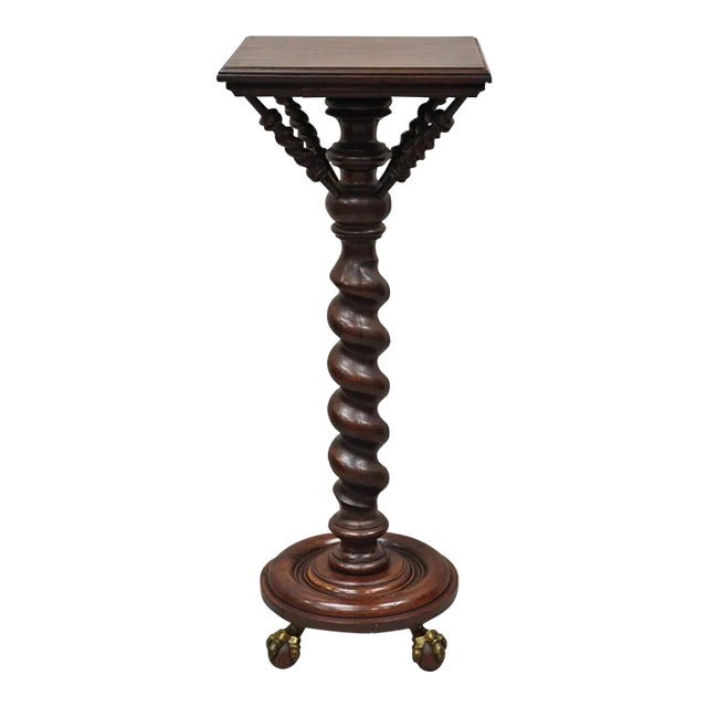 Antique Empire Victorian Walnut Barley Twist Spiral Carved Pedestal Stand For Sale