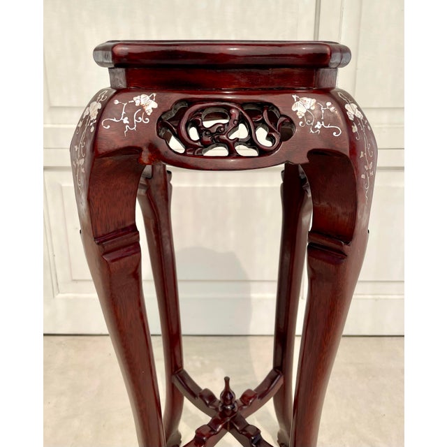 Oxblood Red Vintage Chinese Rosewood & Mother-of-Pearl Inlaid Pedestal Stand For Sale - Image 8 of 12