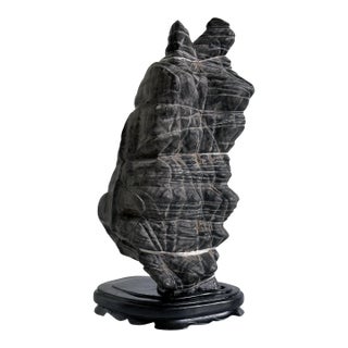 Rare Chinese Antique Black and White Lingbi Scholar Stone on Display Stand For Sale