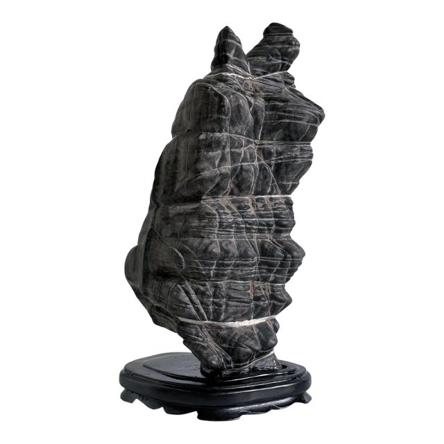 Rare Chinese Antique Black and White Lingbi Scholar Stone on Display Stand For Sale
