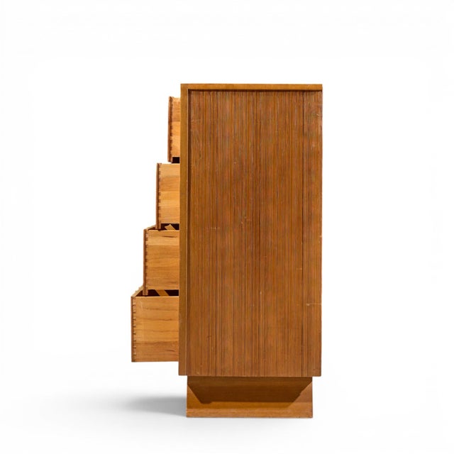 Mid 20th Century Paul Frankl for Brown Saltman Mid Century Oak and Brass Highboy Dresser For Sale - Image 5 of 8