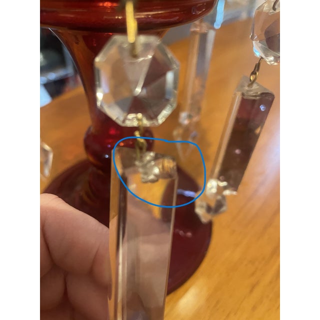 Pair of Ruby Red Glass Mantel Lustres/Hurricane Candle Holders With Crystal Prisms For Sale - Image 10 of 10