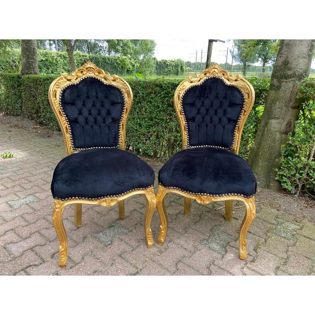 1970s Italian Baroque Gold Leaf Black Velvet Dining Set – 5 PCS For Sale - Image 6 of 16