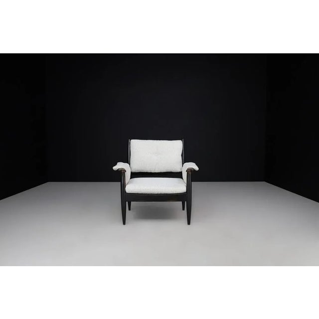 Black Mid-Century French Armchair in Patinated Oak and Bouclé Upholstery, 1960s For Sale - Image 8 of 10