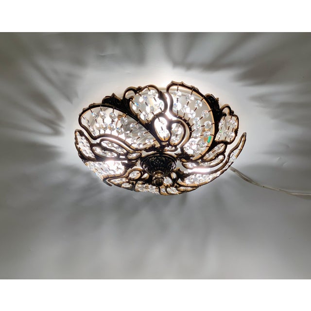 1950s Brass & Crystal Flush Mount Ceiling Light For Sale - Image 11 of 12