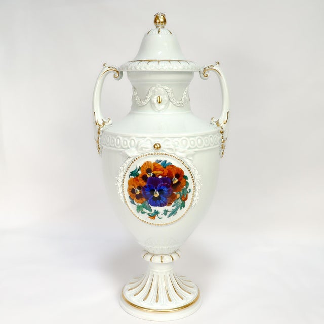 Art Nouveau Antique Meissen Jugendstil Porcelain Covered Urn or Vase With Pansies & Violets For Sale - Image 3 of 18