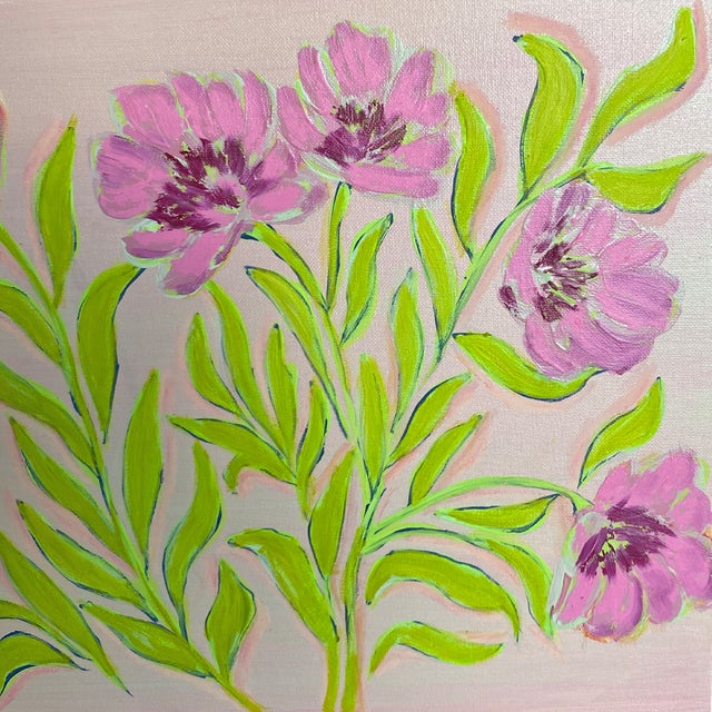 Original Framed Peony Garden Painting Pink Green Floral Wall Art Acrylic Oil on Canvas in Gold Bamboo Frame, 16x20 Botanical Boho Home Decor For Sale - Image 4 of 5