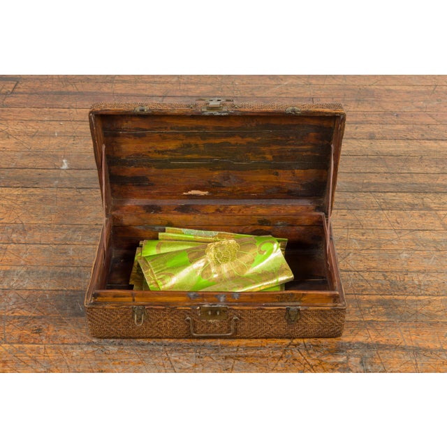 Brown Indian Vintage Bamboo and Woven Rattan Suitcase with Brass Hardware For Sale - Image 8 of 13