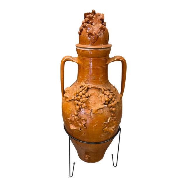 Antique Italian Terra Cotta Covered Urn Vase Grape Vine Relief 2 Handle Decorative Jar For Sale