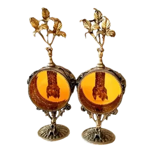 1960s Large Ormolu Pierced Amber Glass Perfume Bottles- a Pair