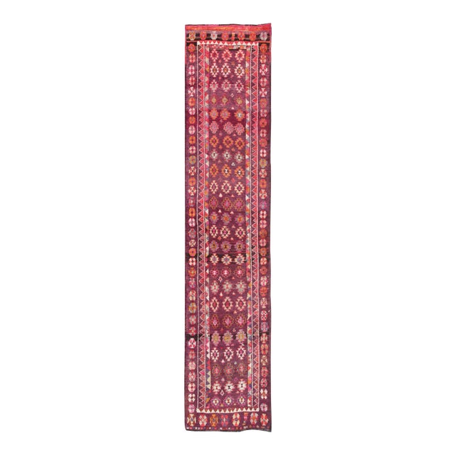 Colorful Vintage Turkish Long Oushak Runner With Geometric Design in Purple & Plum Background For Sale