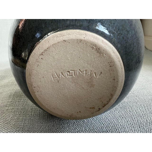 Vintage Scandinavian Modern Mottled Blue Glazed Vase Signed by Swedish Ceramist Gunnar Hartman (B. 1949) For Sale - Image 11 of 11