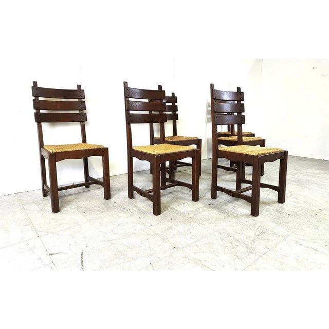 1960s Vintage Brutalist Oak and Wicker Dining Chairs, 1960s, Set of 6 For Sale - Image 5 of 12