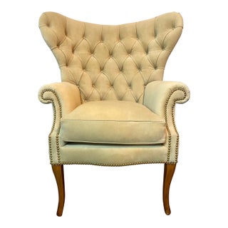 Tufted Wingback Chair in Italian Suede With French Nailheads For Sale