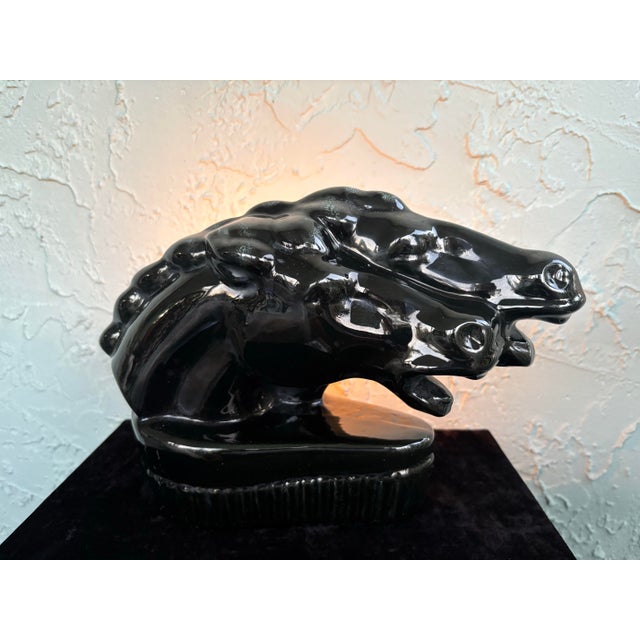 Vintage Black Ceramic Double Horse Head Table Lamp With Sculptural Glaze For Sale - Image 11 of 11