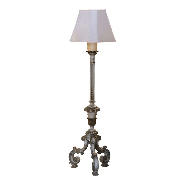 Mid-19th Century Italian Carved Polychrome Wood Floor Lamp With Scroll Base For Sale