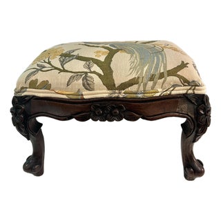 1940’s French Style Louis XV Carved Mahogany Footstool With New Upholstery For Sale