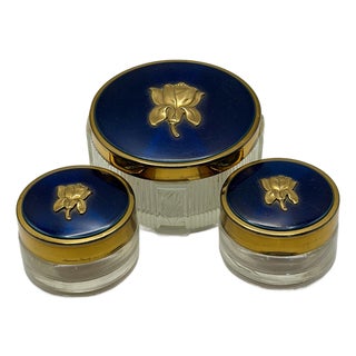 Vintage American Beauty Blue & Gold Vanity Jar Set – Floral Glass Trinket Boxes, Set of 3 For Sale