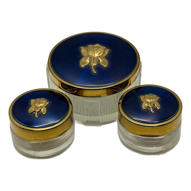 Vintage American Beauty Blue & Gold Vanity Jar Set – Floral Glass Trinket Boxes, Set of 3 For Sale