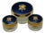 Vintage American Beauty Blue & Gold Vanity Jar Set – Floral Glass Trinket Boxes, Set of 3 For Sale