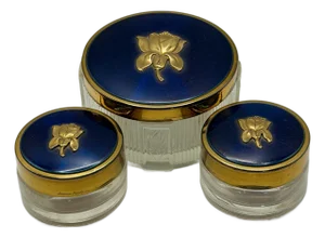 Vintage American Beauty Blue & Gold Vanity Jar Set – Floral Glass Trinket Boxes, Set of 3