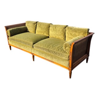 Mid 20th Century The Schoonbeck Co. Mid-Century French Louis XVI Style Walnut Caned Sofa With Loose Cushions and Bolster Pillow For Sale