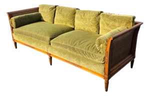 Mid 20th Century The Schoonbeck Co. Mid-Century French Louis XVI Style Walnut Caned Sofa With Loose Cushions and Bolster Pillow
