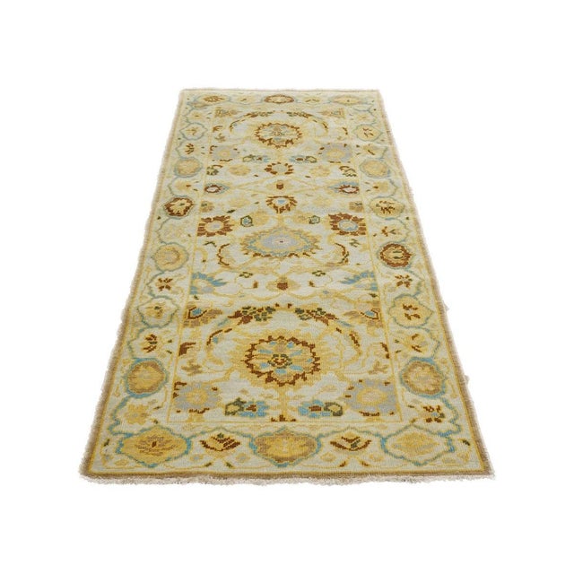 21st Century Afghan Sultanabad Wool 3x6 Ivory, Light Blue & Gold Handmade Runner Rug #1143914