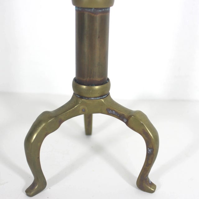 Mid 20th Century Vintage Brass and Copper Pillar Candle Holder Three Legs Staging Shelf Decor Dining Table Patina Corrosion For Sale - Image 5 of 8