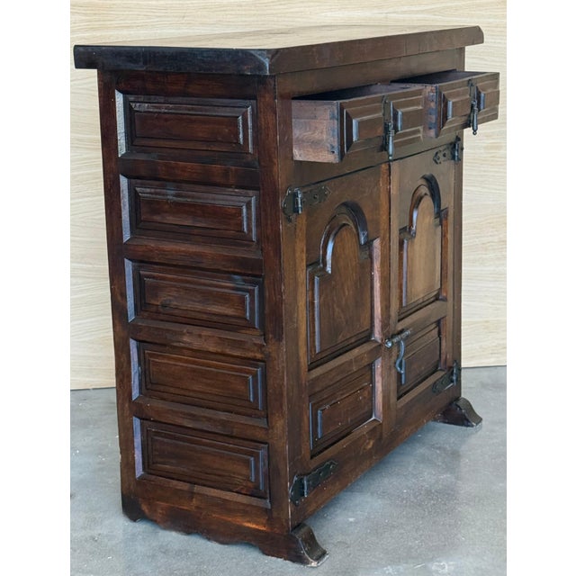 19th Spanish Baroque Carved Walnut Narrow Two Drawer Credenza or Buffet For Sale - Image 4 of 18