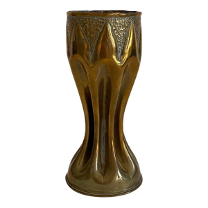 Antique French Metal Trench Art Artillery Shell Vase W/ Incised Geometric Pattern - Brass - Distressed Patina Finish Early 20th Century