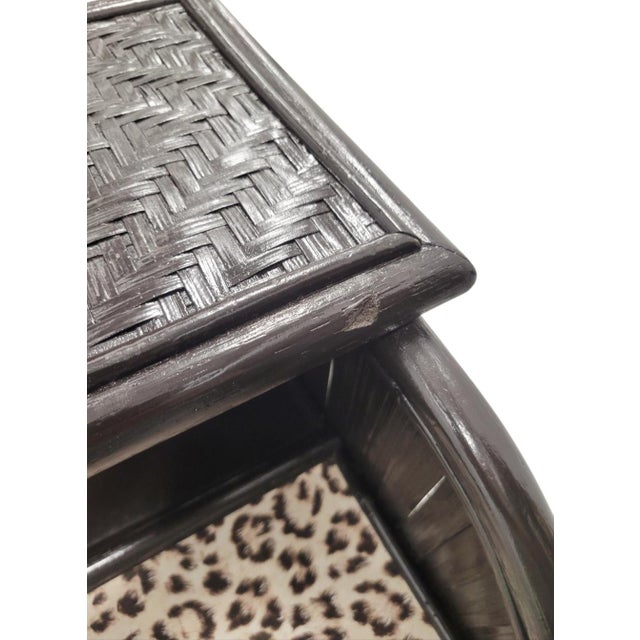 English Vintage Customized Espresso Brown Wicker Leopard British Colonial Writing Desk For Sale - Image 3 of 11