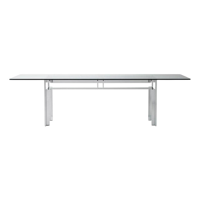 Doge Dining Table with Brushed Steel Base and Glass Top by Carlo Scarpa for Gavina Simon, 1970s For Sale