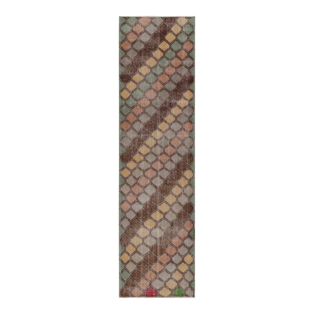 Vintage Distressed Runner Rug, Colorful Diagonal Geometric Design - Rug & Kilim For Sale