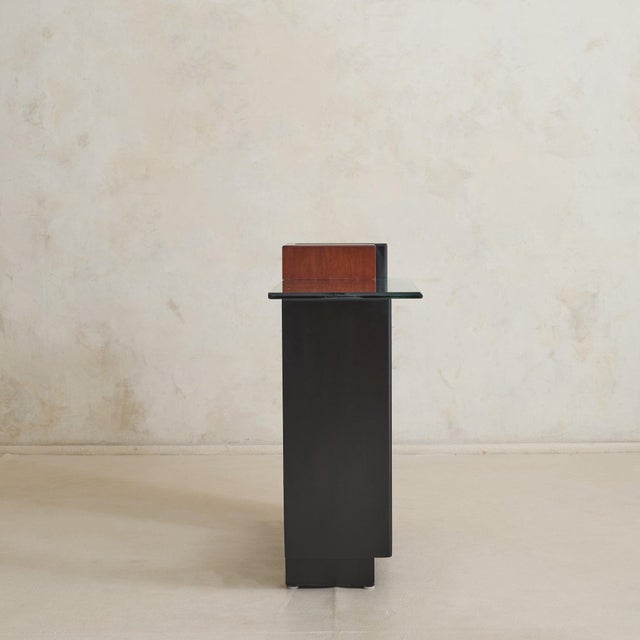 Postmodern Vintage Italian Wood and Black Lacquer Console with Glass Top For Sale - Image 3 of 11