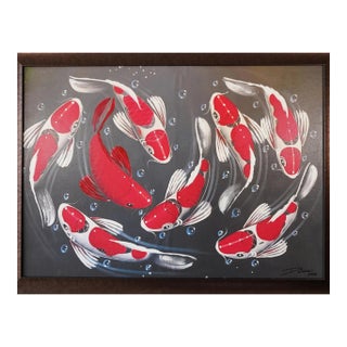 "Fish (Memories in Motion)" Contemporary Koi Painting by Joffer Jhon, Framed For Sale